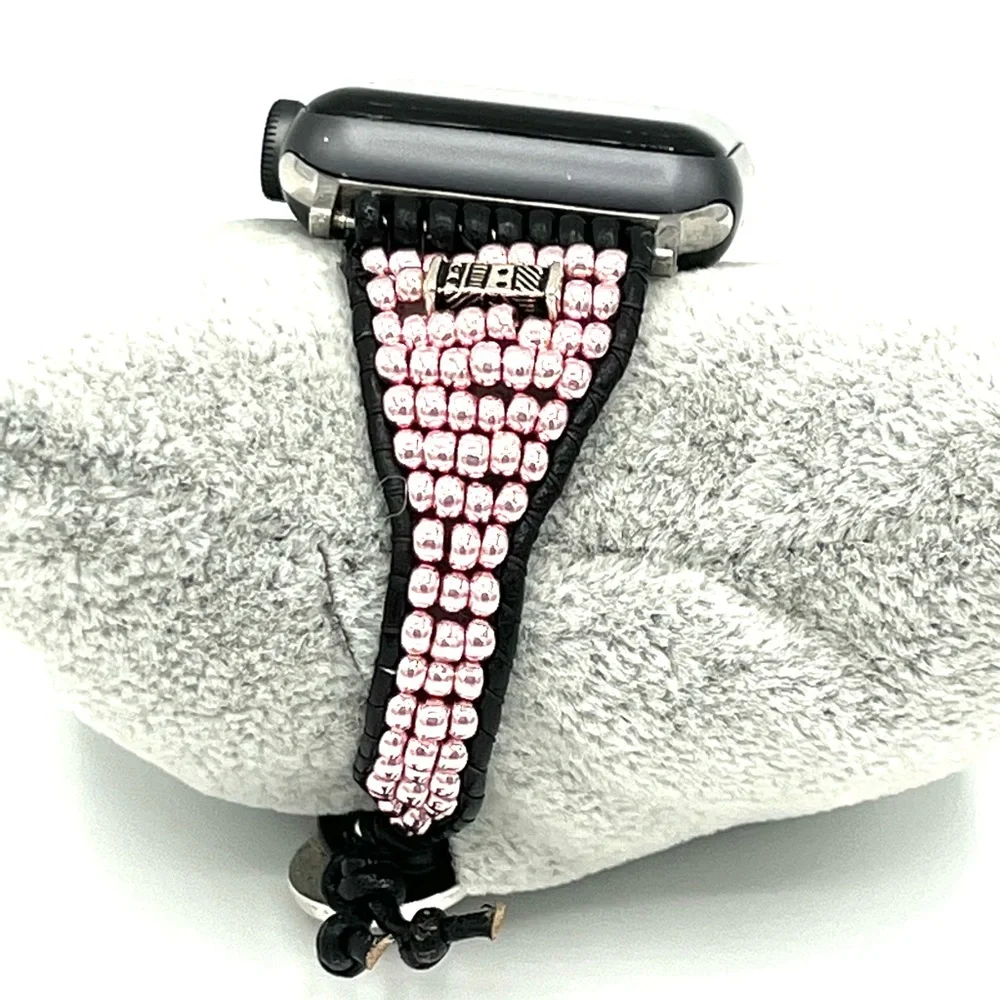 HAND CRAFTED Pink Beaded Leather Apple Watch Strap - Picture 1 of 8